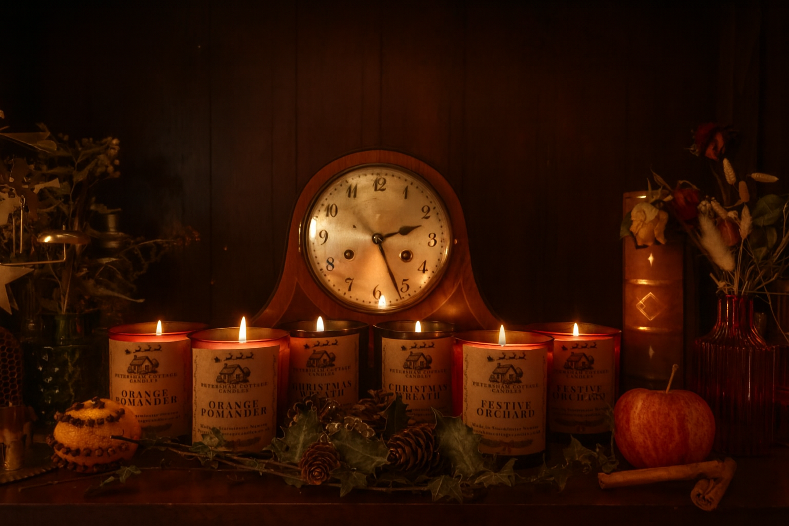 Three Christmas candles from Petersham Cottage Candles – Orange Pomander, Christmas Wreath and Festive Orchard, displayed together in a cosy cottage-style festive setting