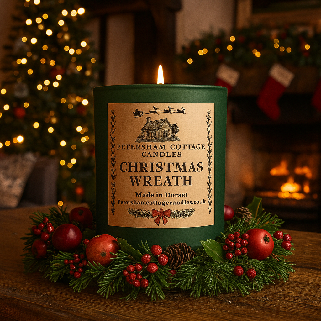 Christmas Wreath candle by Petersham Cottage Candles, a festive blend of berries, greenery and gentle spice in cottage-style packaging