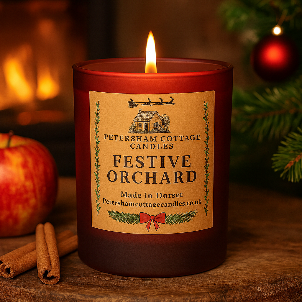 Festive Orchard Christmas candle by Petersham Cottage Candles, a warm fruity winter scent in cottage-inspired packaging