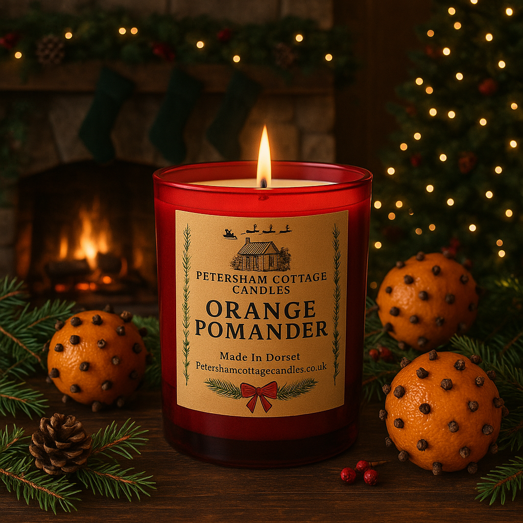 Orange Pomander Christmas candle by Petersham Cottage Candles, with cosy cottage-style packaging and festive orange and spice notes