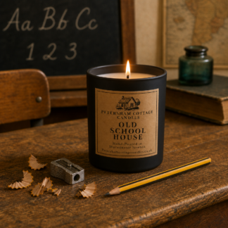 Old School House candle in vintage classroom setting