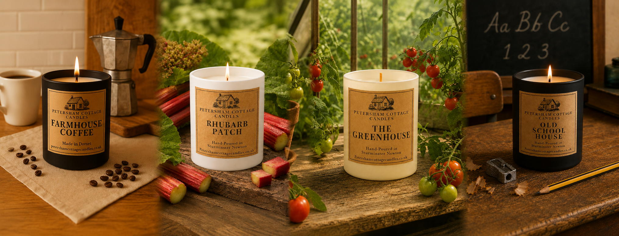 Four Petersham Cottage Candles in a rustic cottage-style banner, featuring Farmhouse Coffee, Rhubarb Patch, The Greenhouse and Old School House scented candles.