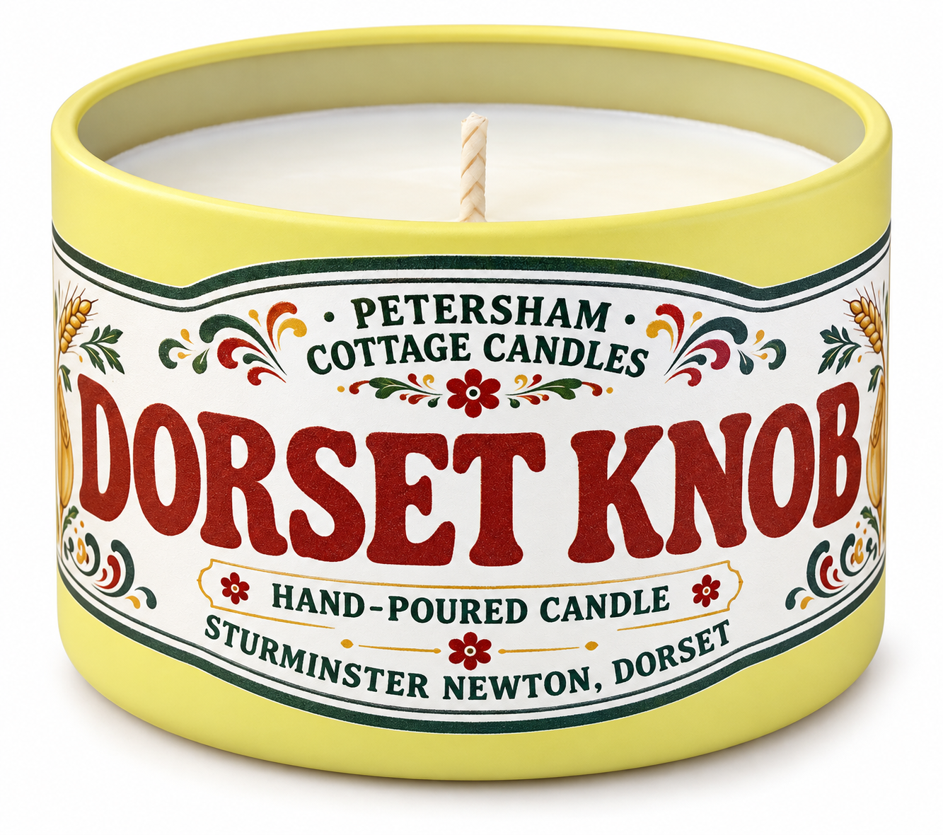 Dorset Knob scented candle in a yellow tin