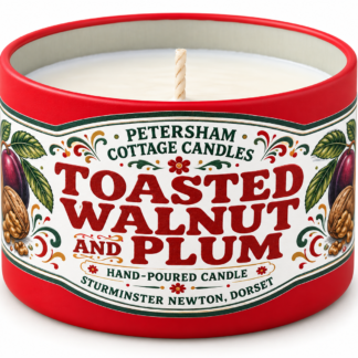 Toasted Walnut & Plum scented candle in a round tin